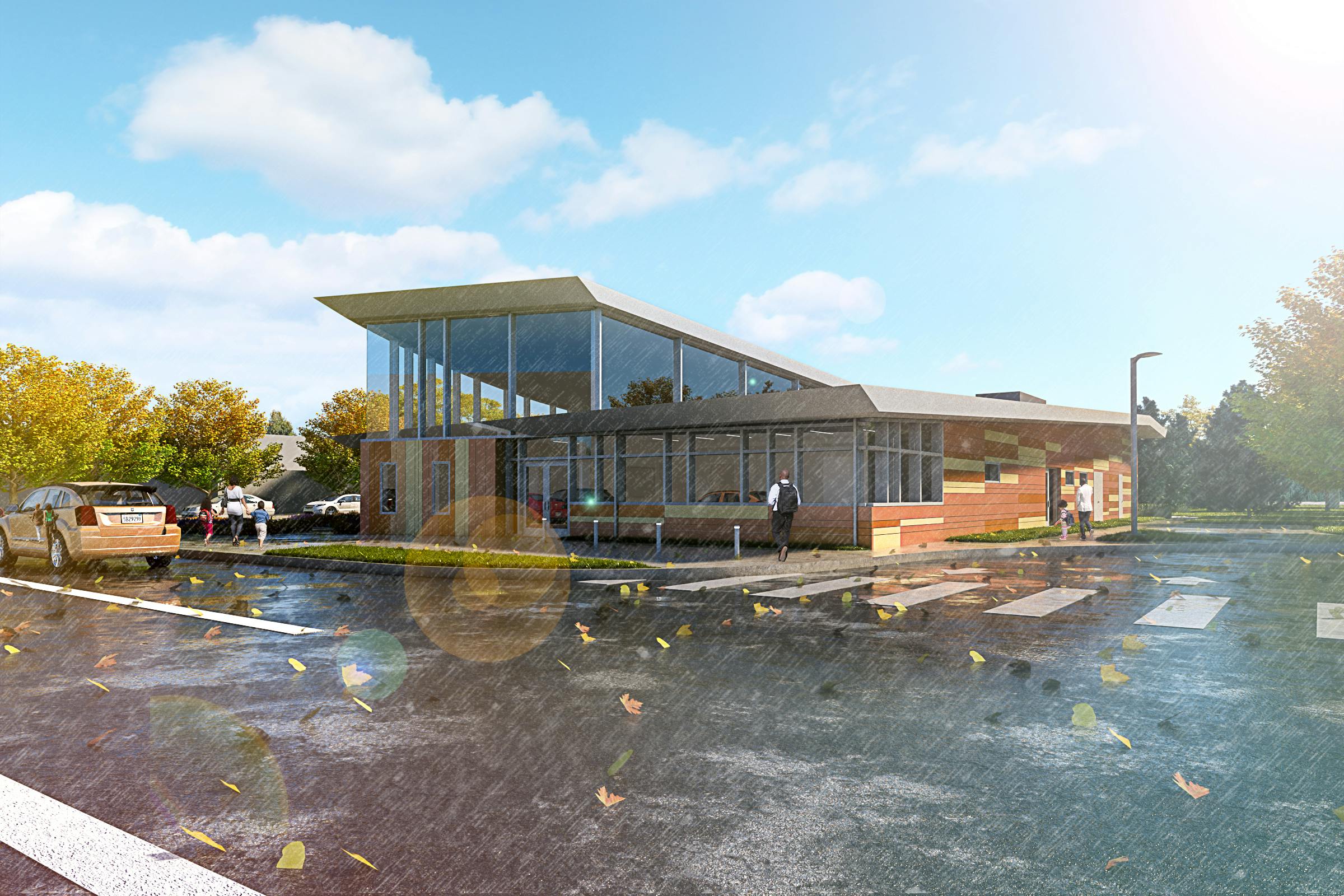 3d render of Cleveland Public Library - Hough Branch - street view at an angle